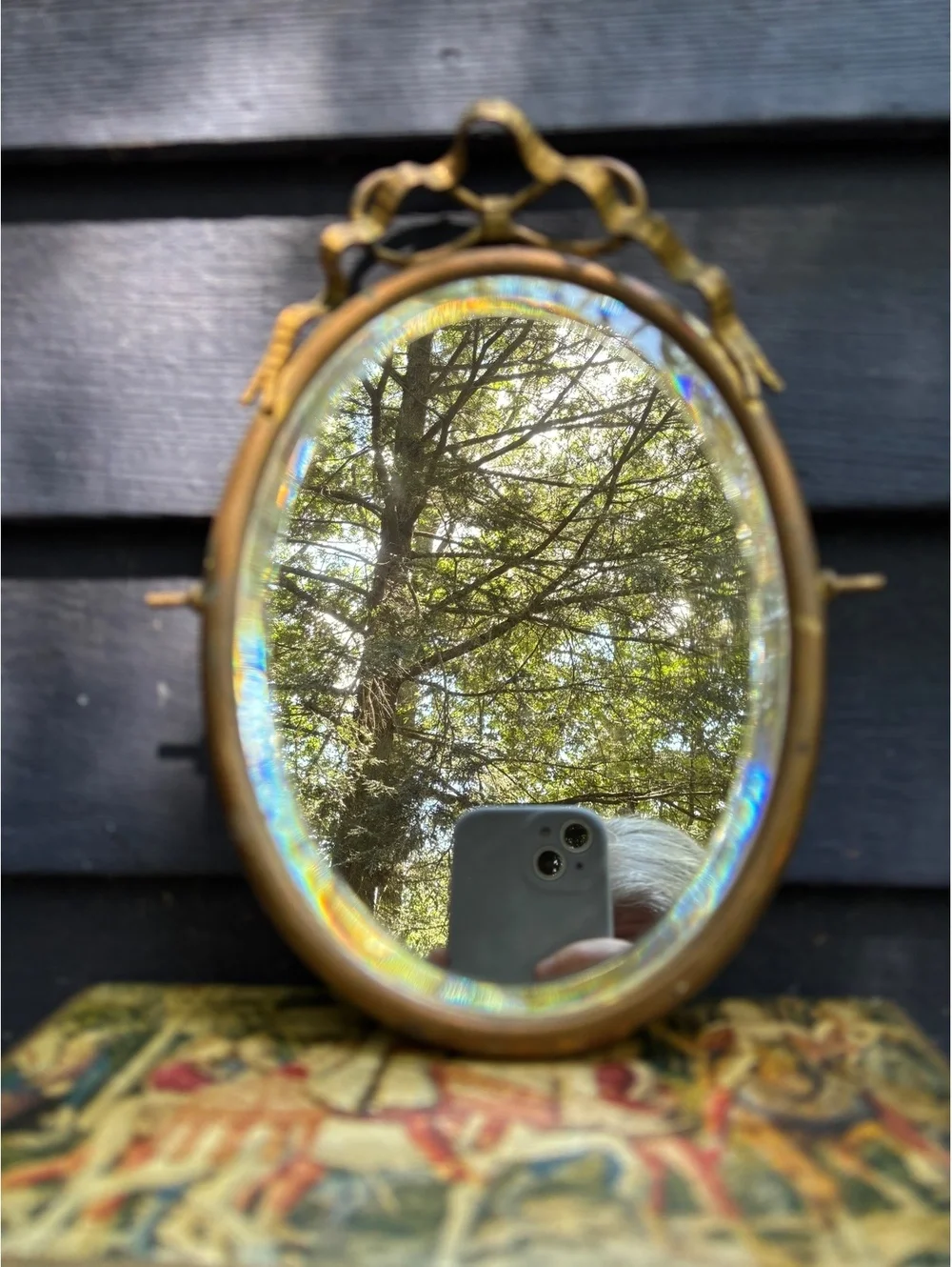 Antique Brass Oval Wall Mirror, Bow Ribbon Top, Victorian Vanity, Boudoir